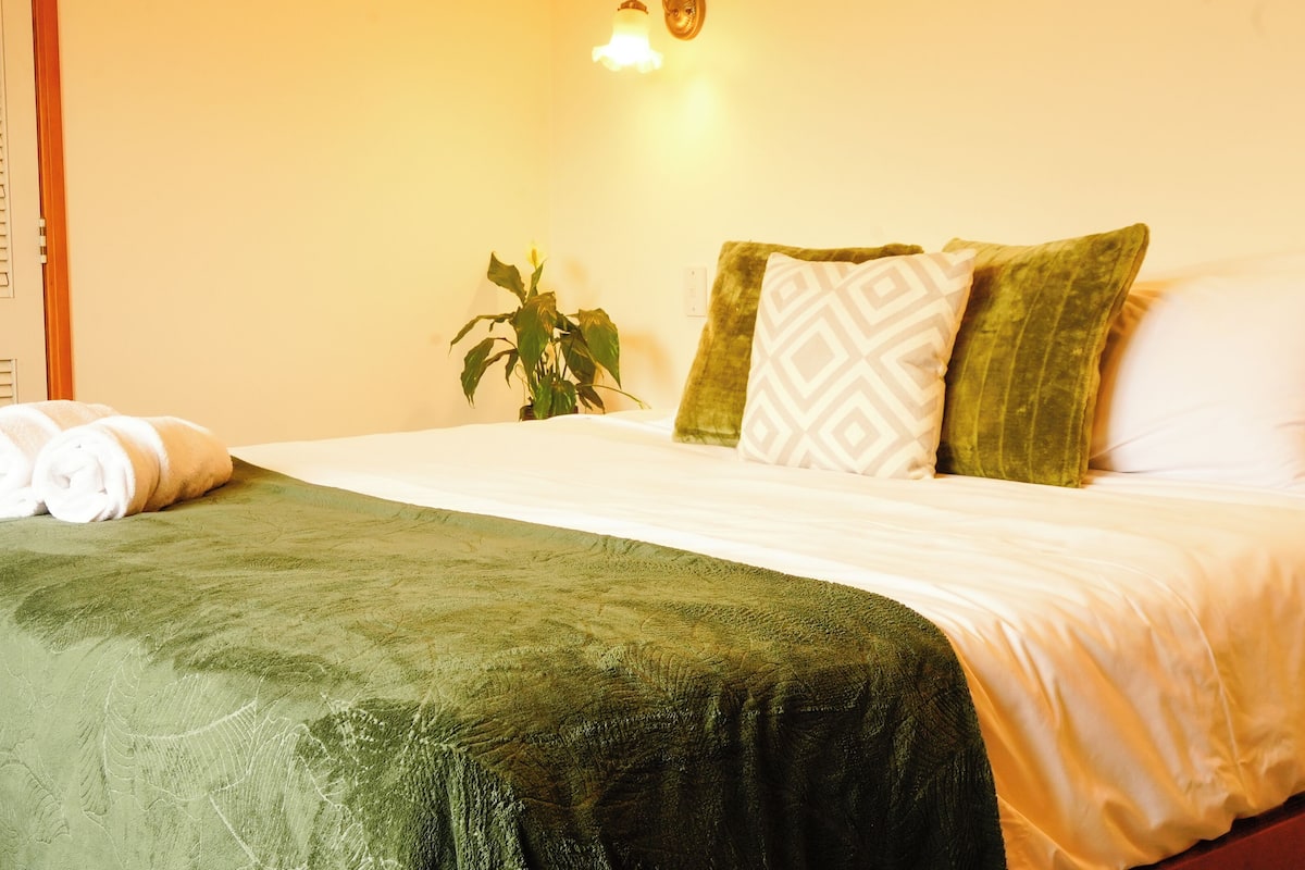 Un lit bien fait, avec une couverture verte, des oreillers blancs et un coussin vert orné d’un motif géométrique.