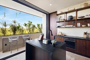 Fridge, stovetop - Beachfront 2BR Condo in Bahía Tankah, Tulum (Tulum Municipality)