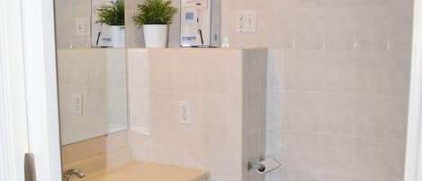 Douche, séchoir à cheveux, serviettes fournies, savon