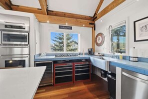 A modern kitchen with built-in appliances, a large window, and a wooden ceiling. - Old Town Park City House Walk to Main Street (Park City)