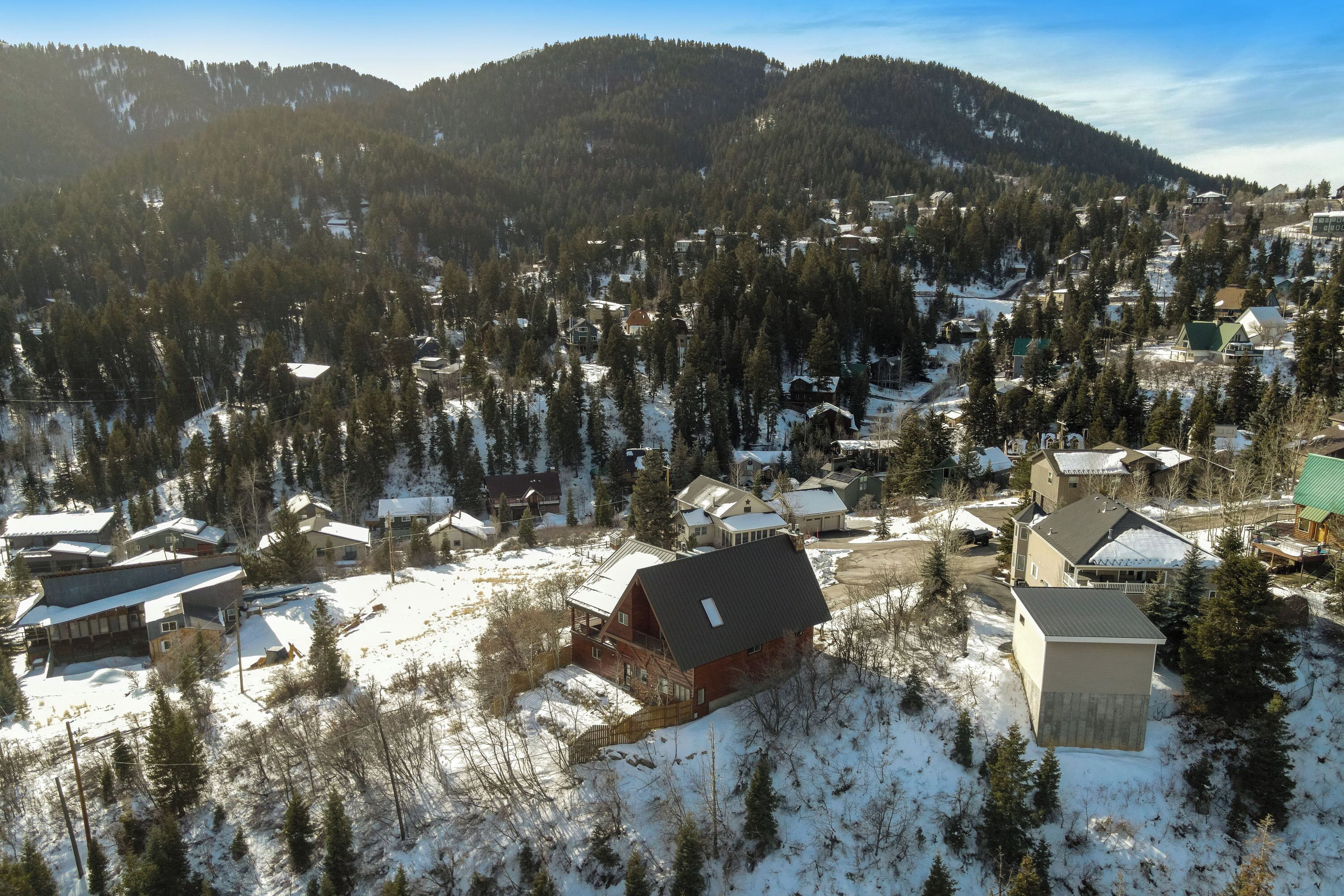 Quartiere residenziale con case circondate da alberi innevati e montagne sullo sfondo.