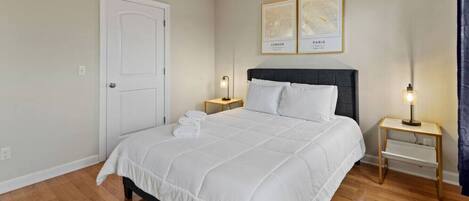 1 bedroom, laptop workspace, iron/ironing board, bed sheets