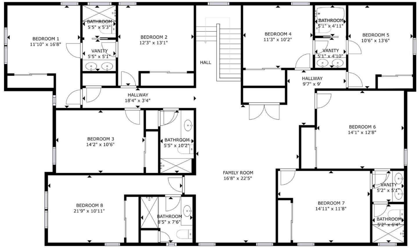 A floor plan with 8 bedrooms, 3 bathrooms, a family room, and a hallway.