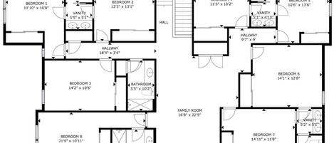 A floor plan with 8 bedrooms, 3 bathrooms, a family room, and a hallway.
