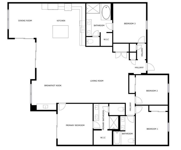 Een plattegrond met een eetkamer, keuken, drie slaapkamers, twee badkamers, een woonkamer, een ontbijthoek en een hoofdslaapkamer.