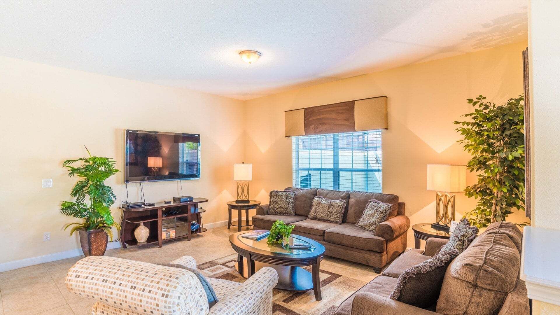 A living room with a sofa, coffee table, TV, and plants.
