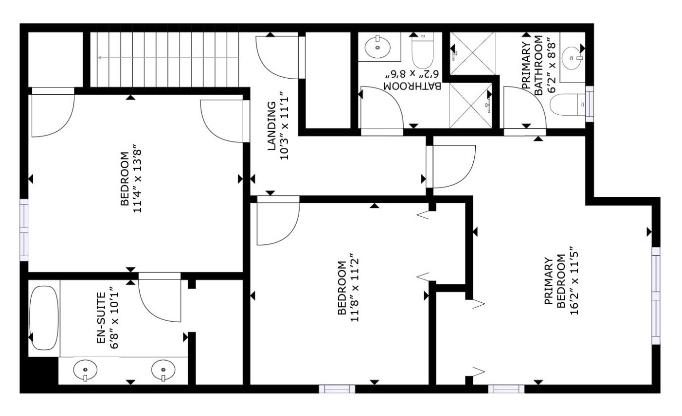 Plànol que mostra una zona d'aterratge, tres habitacions, un bany i un bany privat.