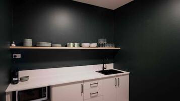 Fridge, microwave, coffee/tea maker, electric kettle