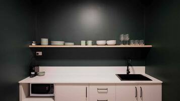 Fridge, microwave, coffee/tea maker, electric kettle