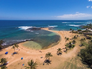 A beach with clear waters, palm trees, and a sandy shore. - Makahuena 1205 – Fully Renovated Ocean-View Condo with A.C. Throughout (Koloa)