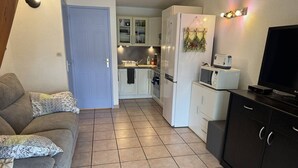 Un espacio habitable compacto con kitchenette, un sofá con cojines estampados y un televisor de pantalla plana sobre un mueble.