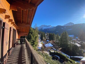 A wooden balcony overlooking a mountainous landscape with snow-covered houses and trees. - The chalet is 200m from the Barboleuse gondolas in Gryon in a quiet area surrounded by nature. Ameni (Gryon)