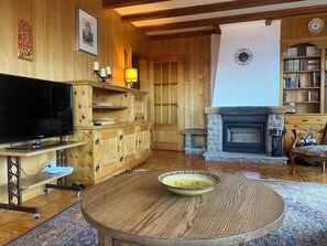 A cozy living room with a wooden cabinet, a television, a fireplace, and a bookshelf. - The chalet is 200m from the Barboleuse gondolas in Gryon in a quiet area surrounded by nature. Ameni (Gryon)