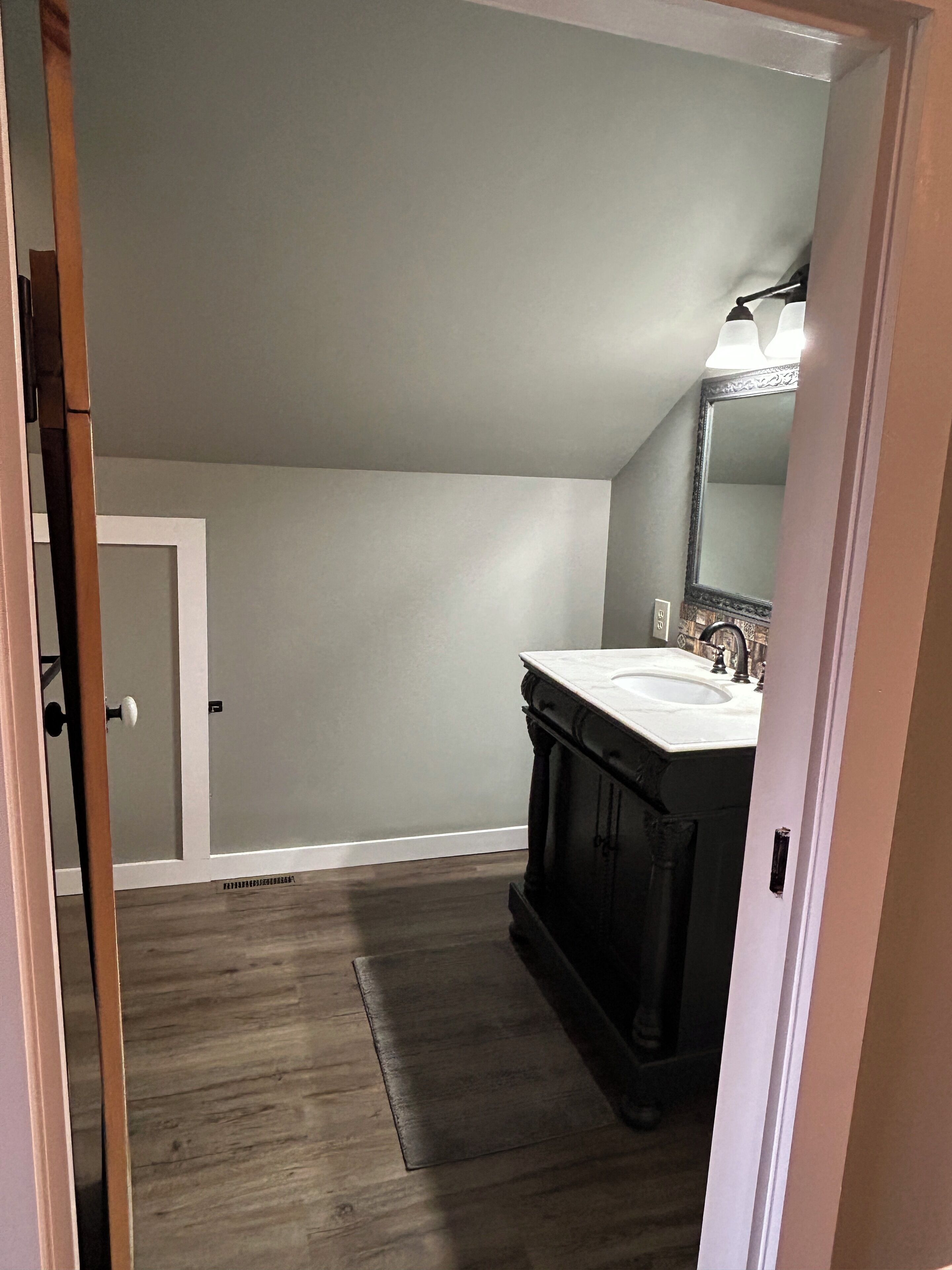 A bathroom with a dark wood floor, a white door, a vanity with a mirror, and a sink.