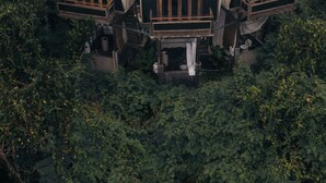 Eine Gruppe von drei Baumhaus-ähnlichen Hütten, umgeben von dichtem Wald. Jede Hütte hat eine Holzfassade und ein geneigtes Dach.