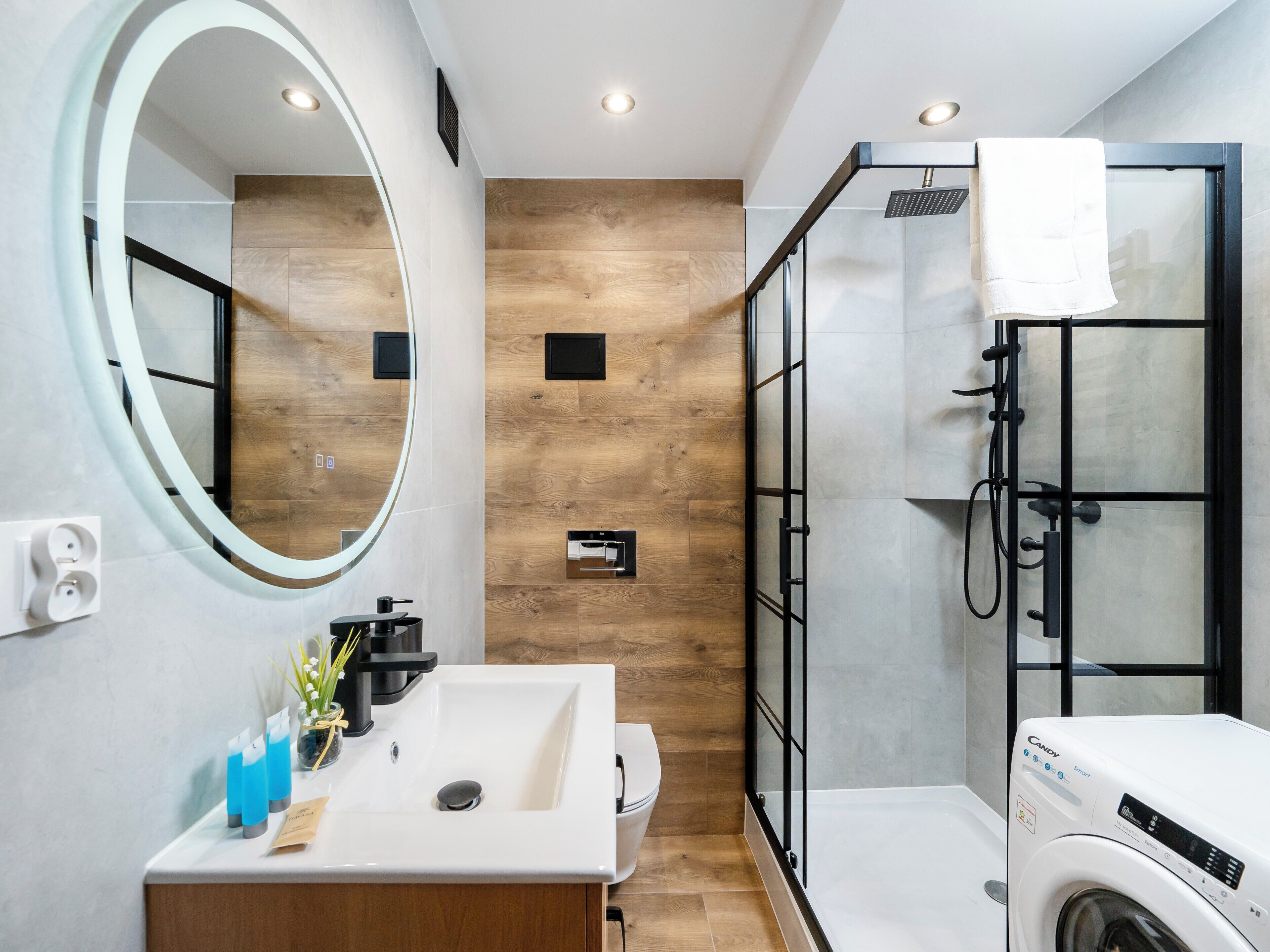 Shower, hair dryer, towels