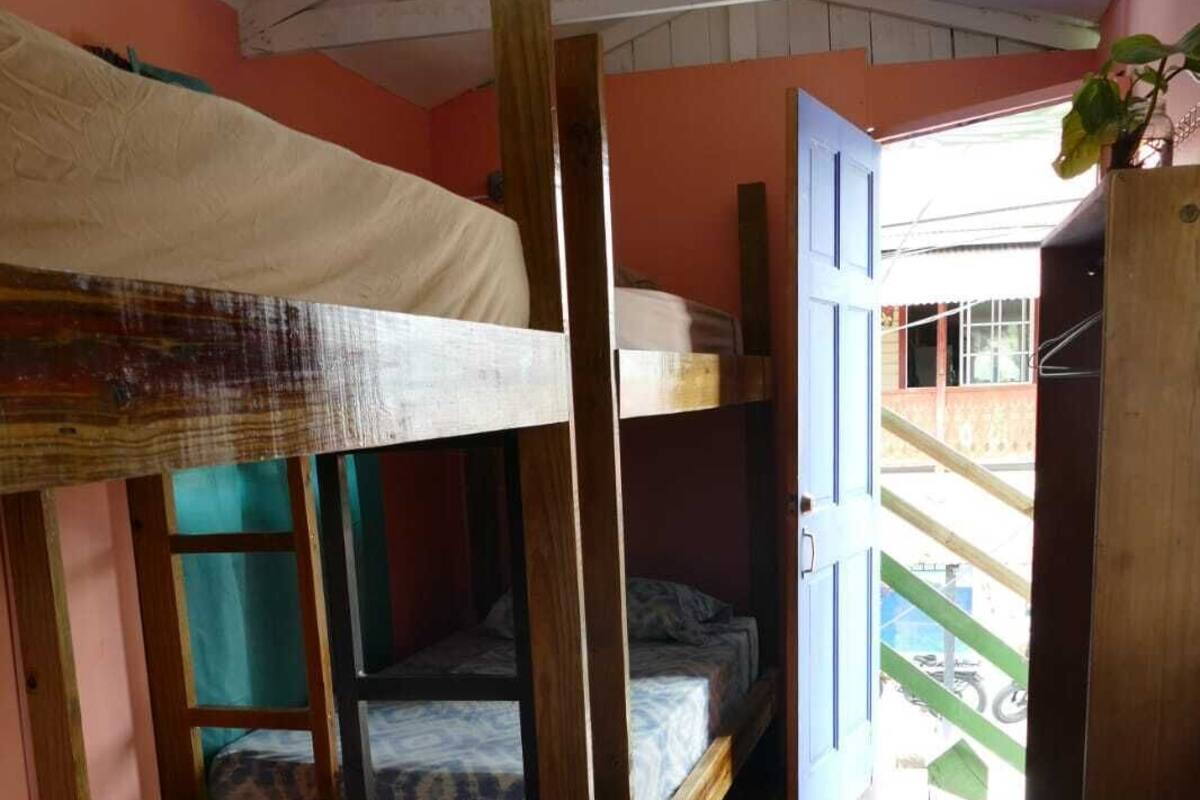 Une chambre de dortoir avec des lits superposés, un plancher en bois et une vue sur l’extérieur.