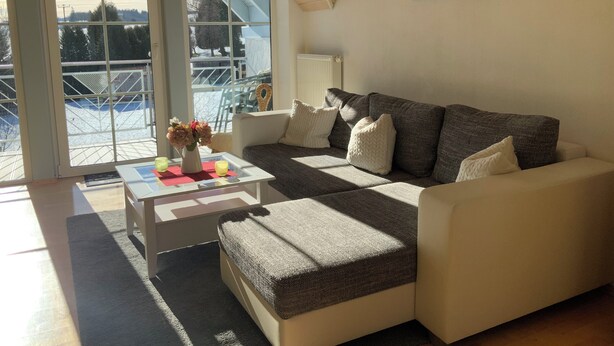 Un salon moderne avec un canapé d’angle, une table basse agrémentée de fleurs et une grande fenêtre donnant sur un espace extérieur enneigé.