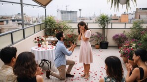 A rooftop setting with a man kneeling to propose to a woman, surrounded by guests.