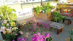 A rooftop terrace with wooden seating, potted plants, and a sign reading "Tamaris".