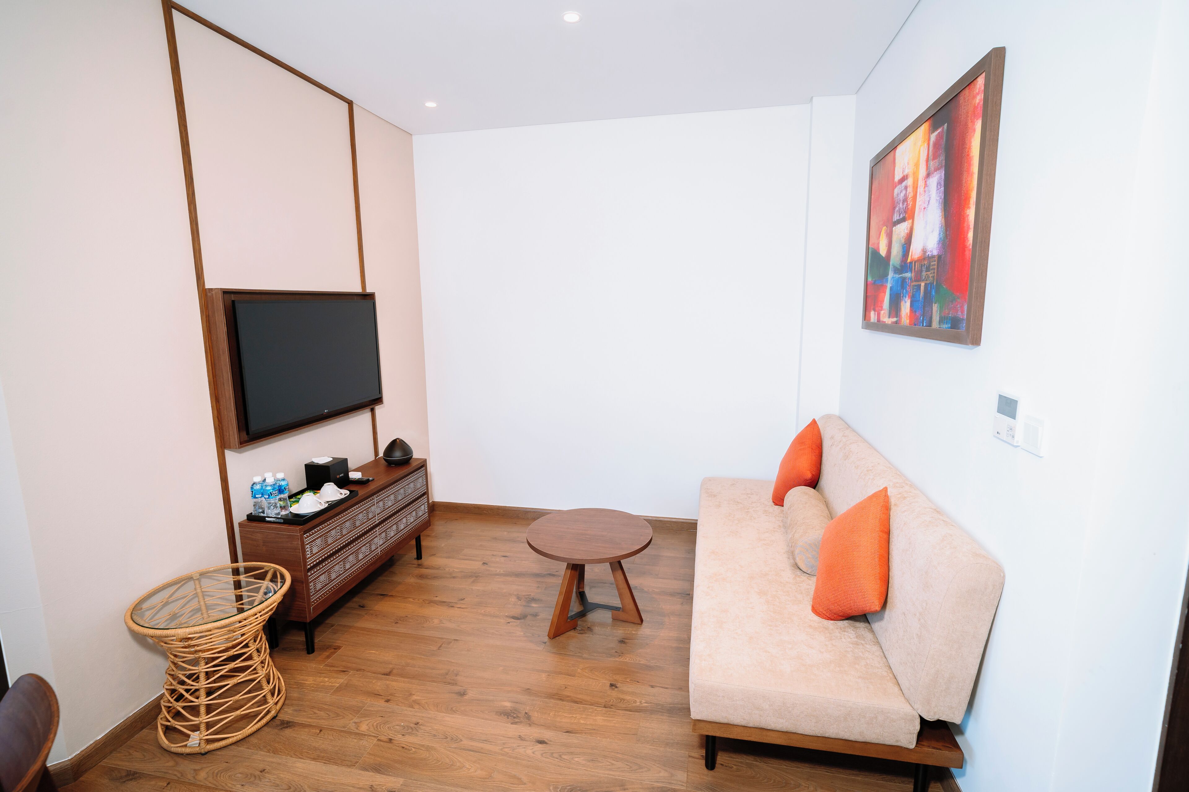 Una sala de estar moderna con un sofá, un televisor, un armario de madera y una silla de mimbre.
