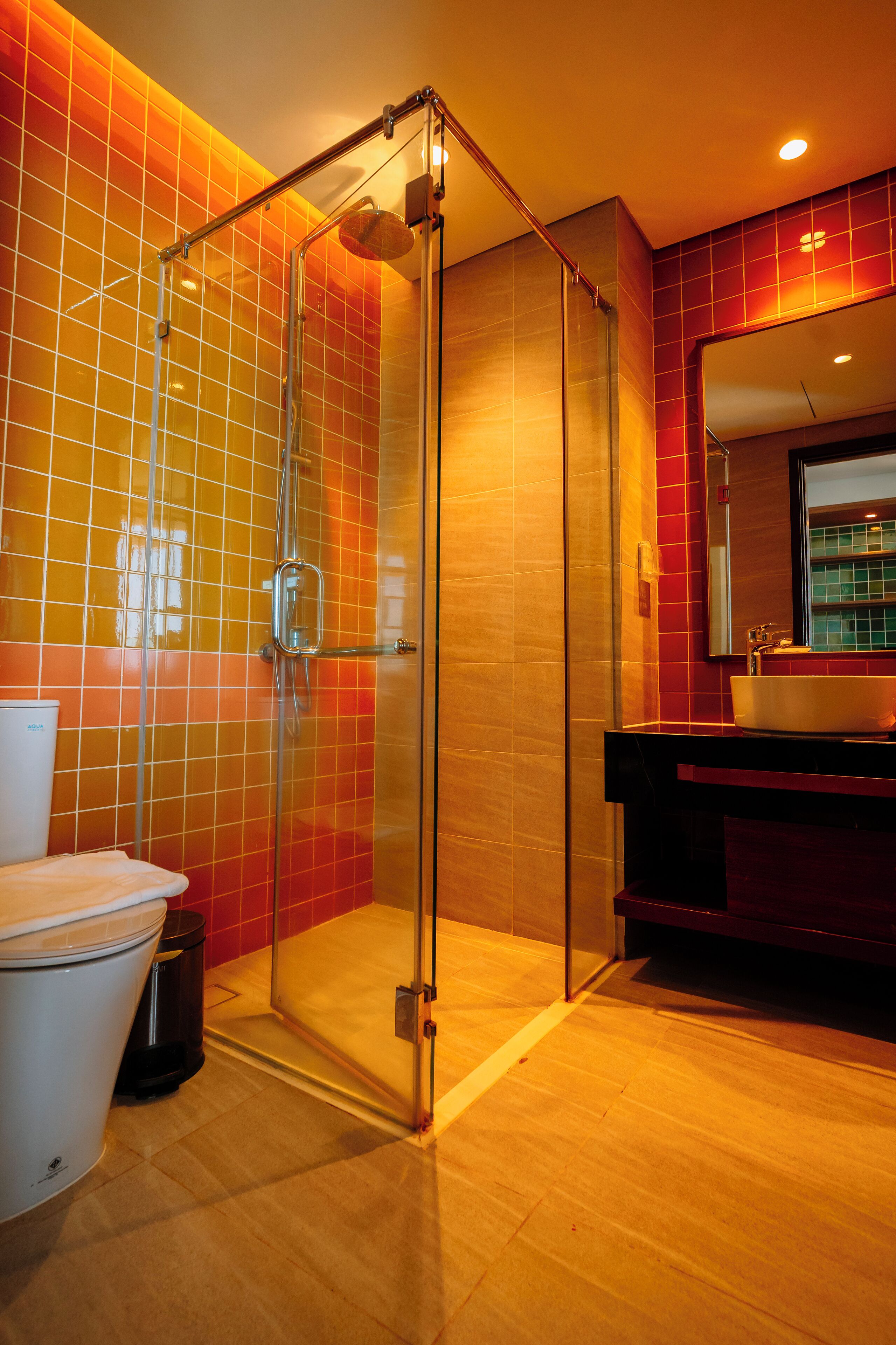 A modern bathroom with a glass-enclosed shower, a white toilet, and a black trash bin.