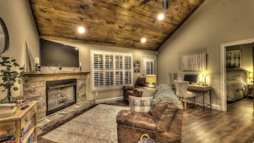 Smart TV, fireplace, books, computer monitors