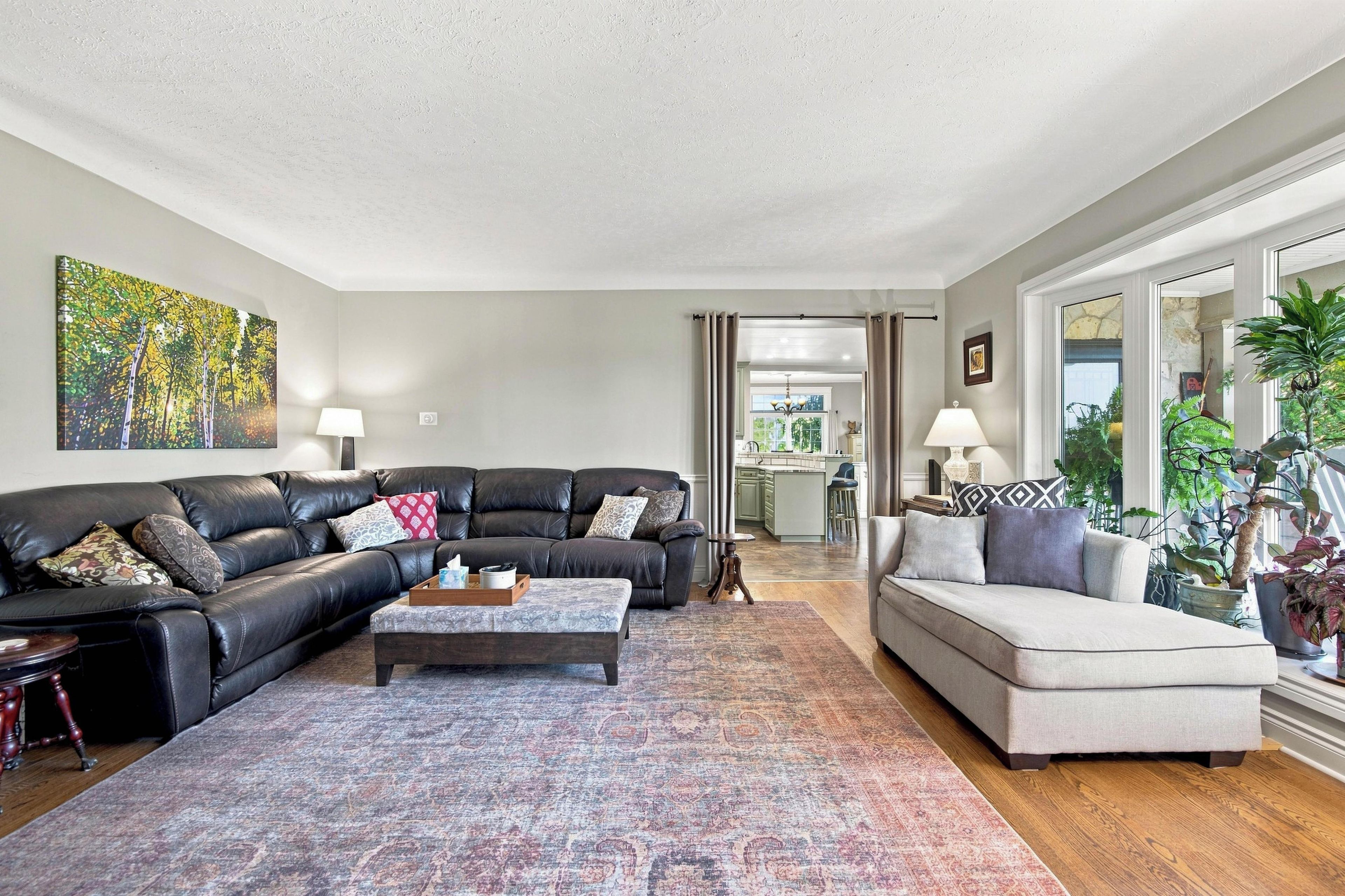 Un salon avec un canapé, une table basse et un tapis à motifs. Il y a un tableau au mur et une plante sur le côté droit.