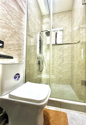 Douche, bidet, serviettes fournies, papier toilette