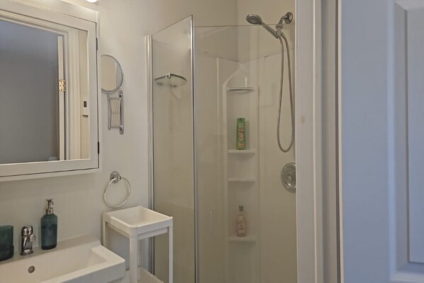 Hair dryer, towels, soap, toilet paper