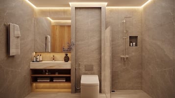 Dusj, hårføner, tøfler og håndklær