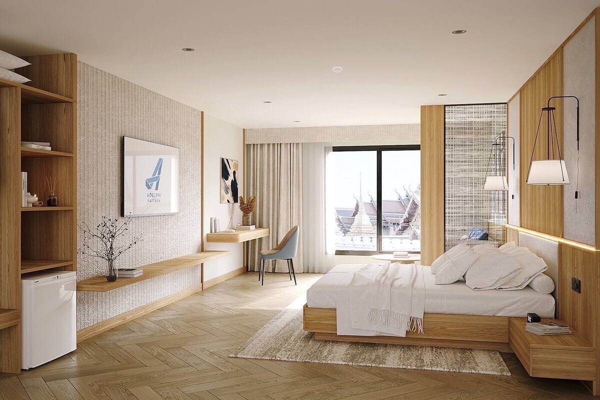 خزنة داخل الغرفة ومكتب ومساحة عمل للكمبيوتر المحمول وستائر تعتيم