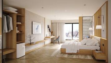 Rom – premier, byutsikt | Safe på rommet, skrivebord og skrivebord for bærbar PC