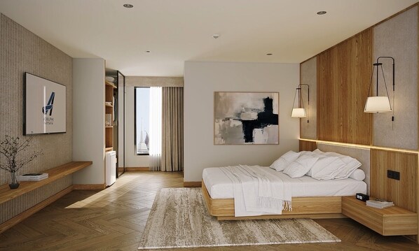 Quarto luxo, vista para a cidade | Cofres nos quartos, escrivaninha, espaço de trabalho para notebook