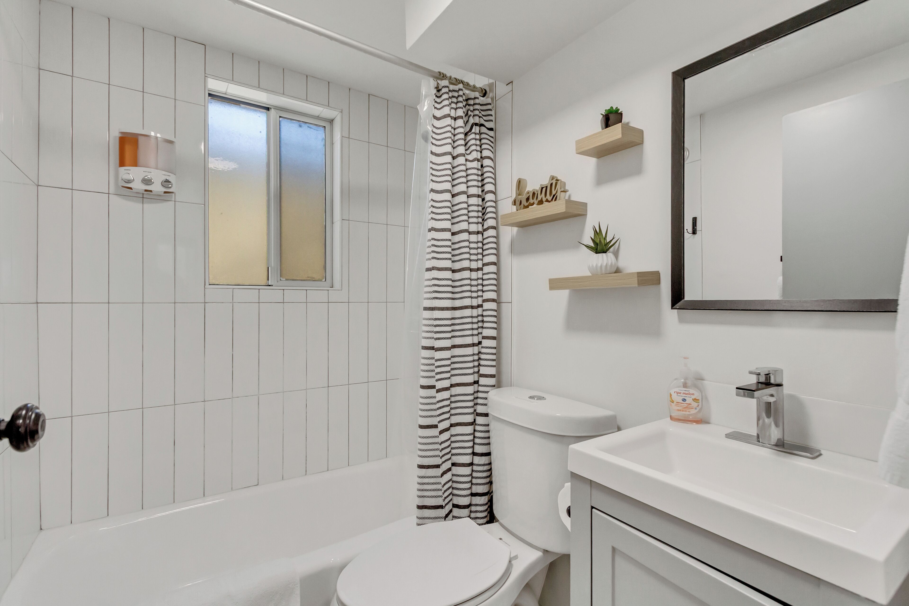 Hair dryer, towels, soap, shampoo