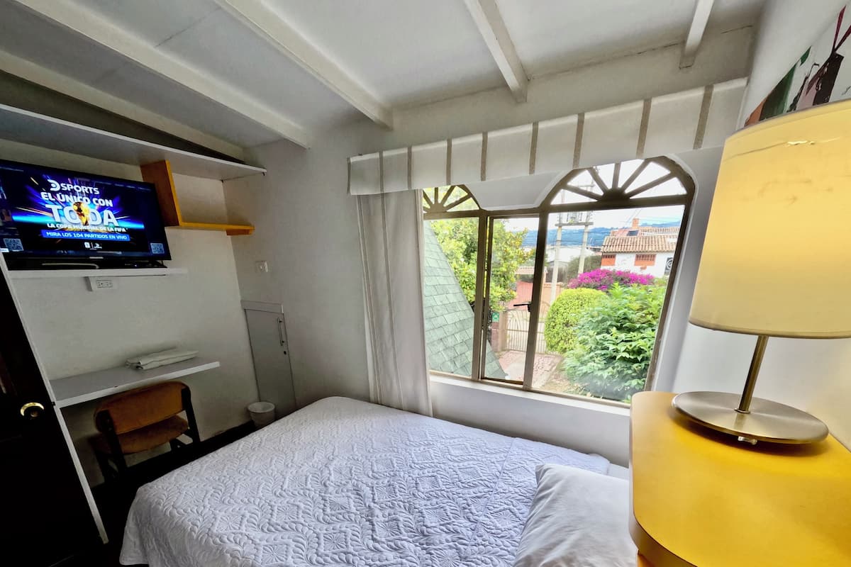 Habitación de hotel con cama, televisor montado en la pared, ventana con vista a vegetación y lámpara en una mesita de noche.