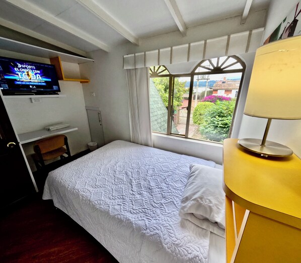 Une chambre d’hôtel avec un lit, un téléviseur fixé au mur, une fenêtre donnant sur un espace verdoyant et une lampe sur une table de chevet.