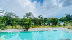A swimming pool surrounded by lush greenery and white buildings with green roofs. - vainika wild (dambulla, matale)