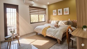 A bedroom with a bed, bedside table, window with blinds, air conditioning unit, and wall art. - NomadStay Coastline Living (Da Nang)