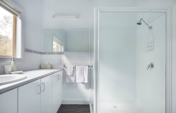 Shower, hair dryer, towels, soap