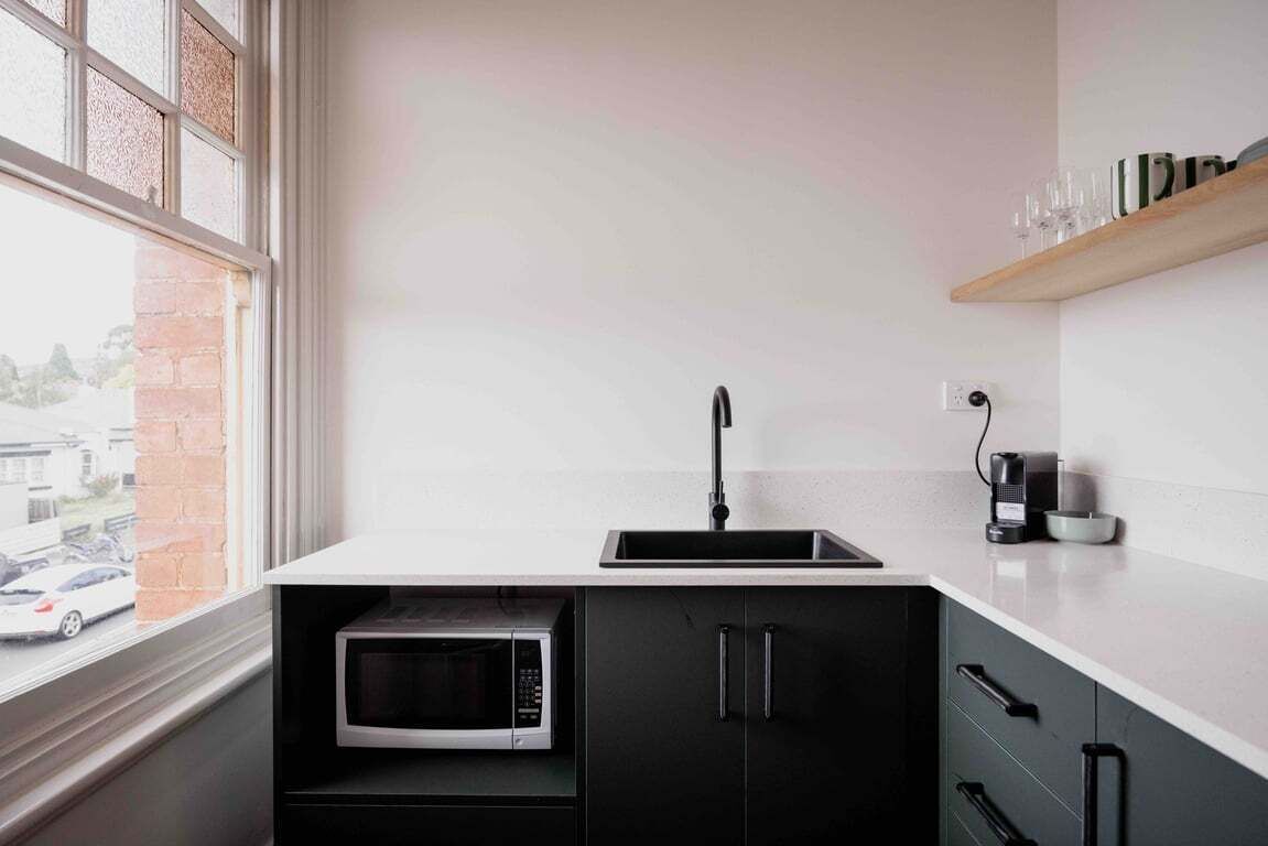 Fridge, microwave, coffee/tea maker, electric kettle