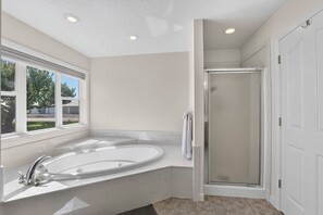 Shower, jetted bath, hair dryer, towels