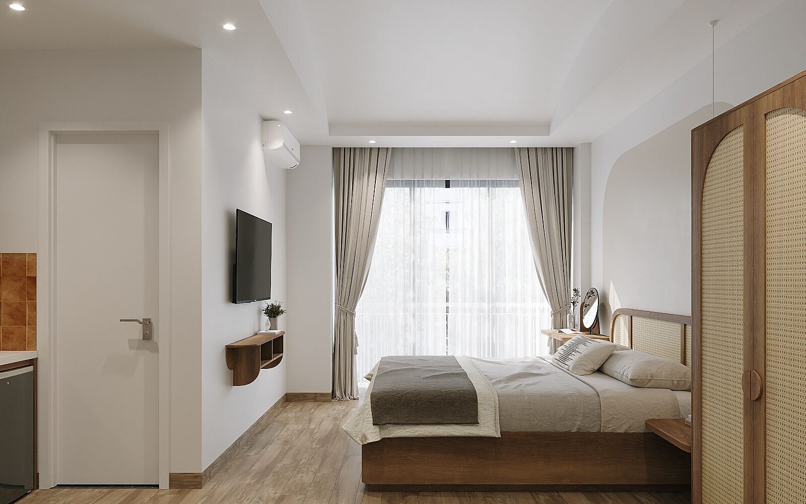 A modern bedroom with a bed, a mounted TV, a bedside table, and a large window with sheer curtains.