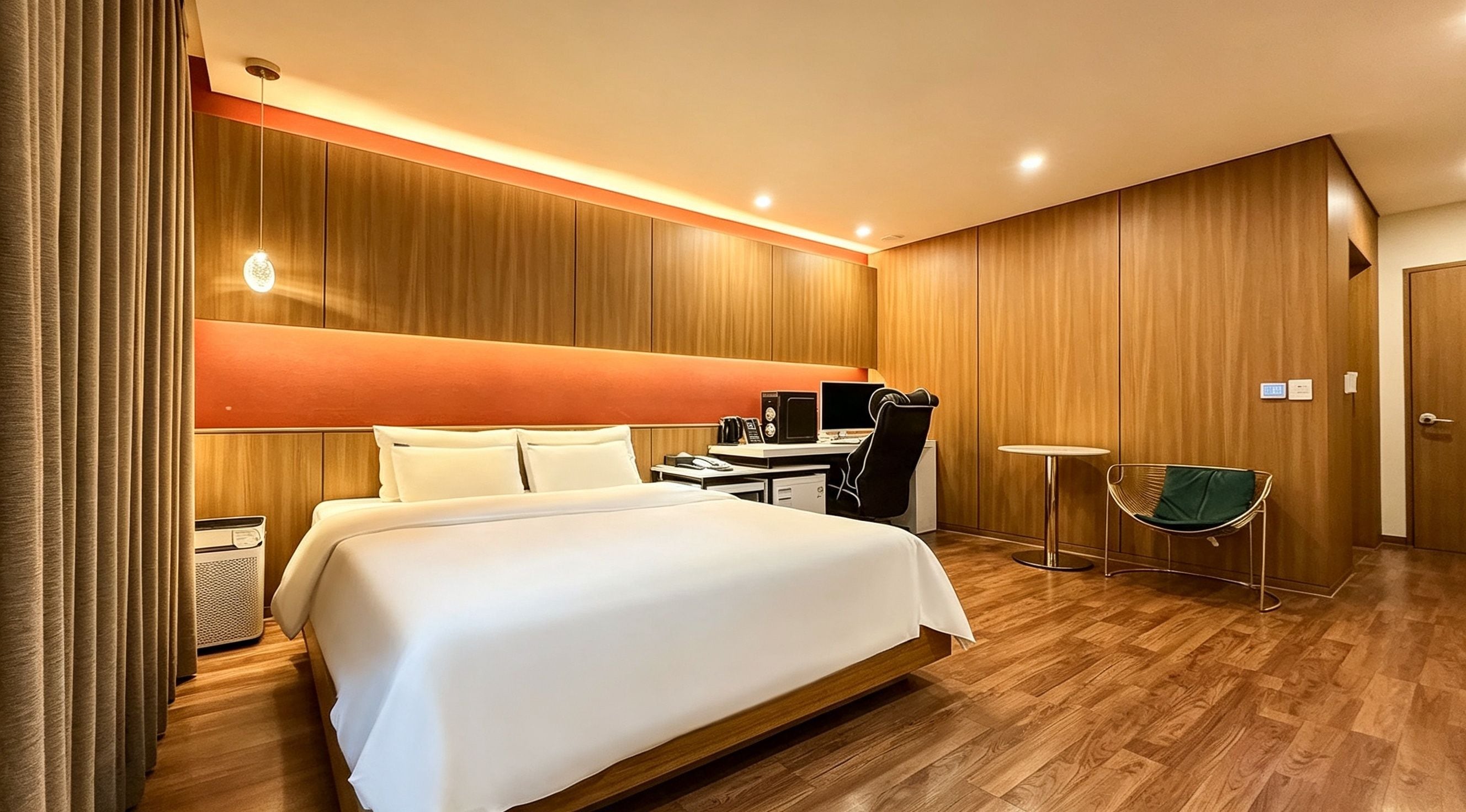 A hotel room with a large bed, a desk with a computer, a chair, a small table, and a green chair.