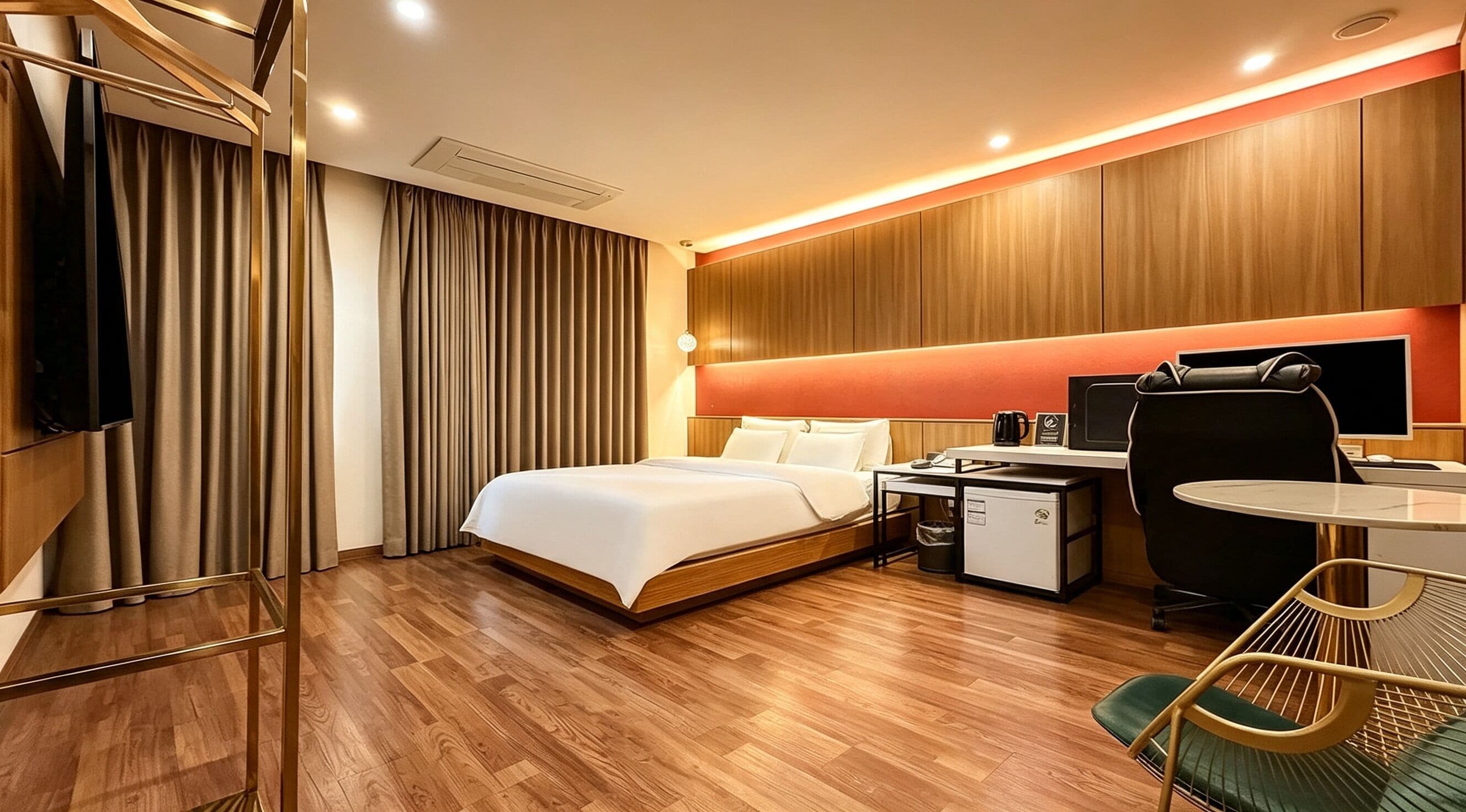 Une chambre d’hôtel équipée d’un lit, d’un bureau, d’une chaise et d’un téléviseur.