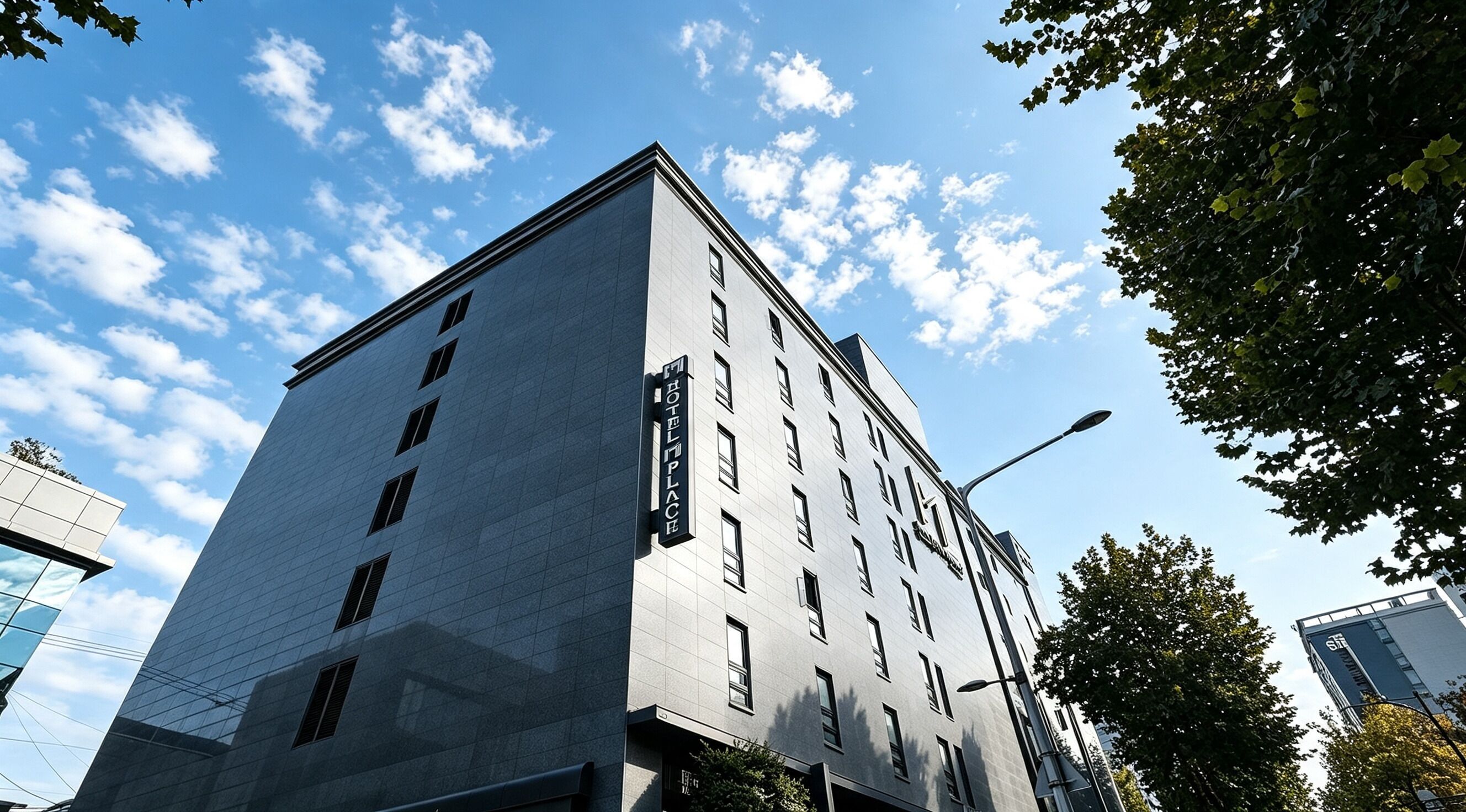 A modern hotel with a prominent entrance and multiple windows.