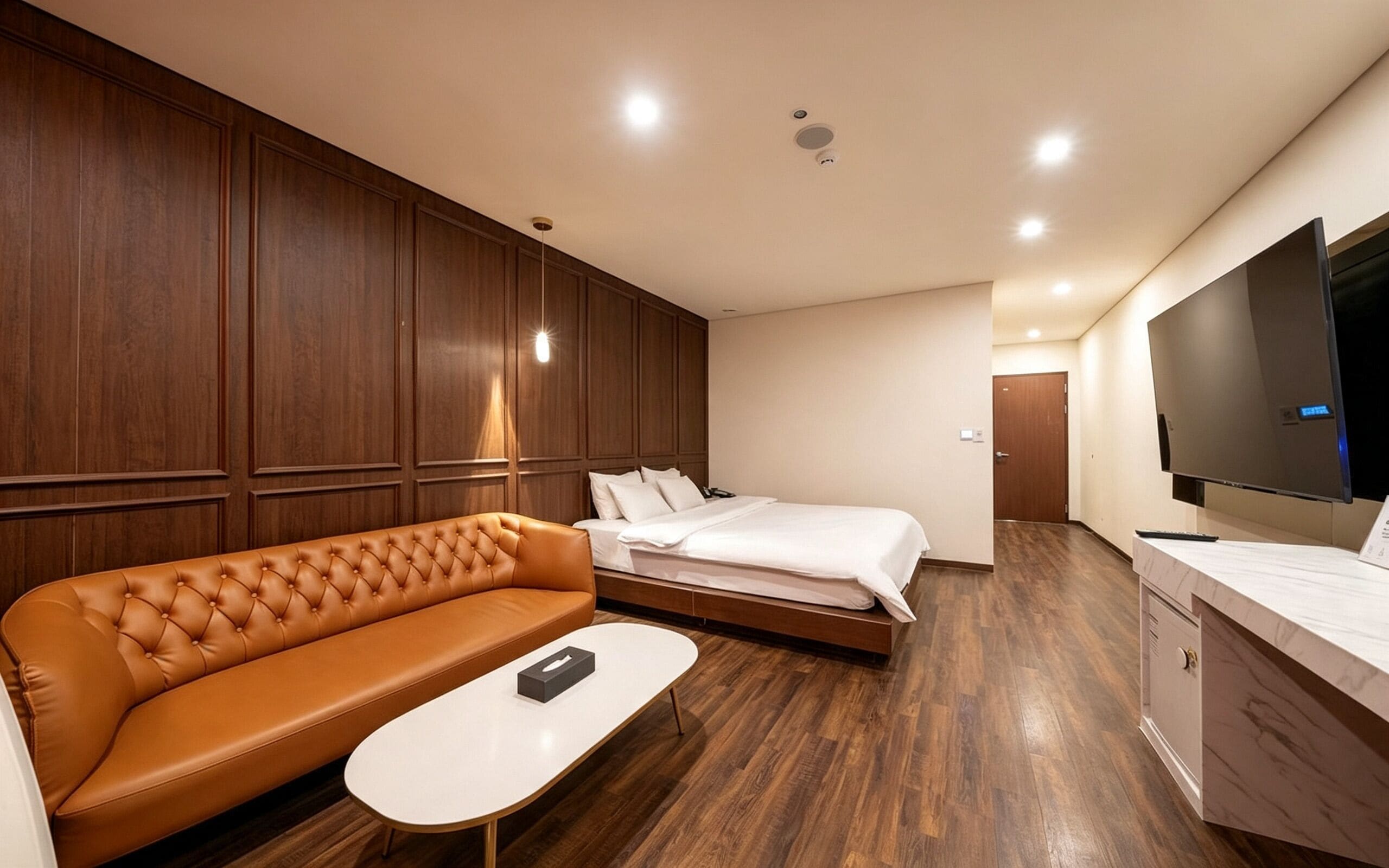 A hotel room with a brown leather sofa, a single bed, a small white table, and a TV mounted on the wall.