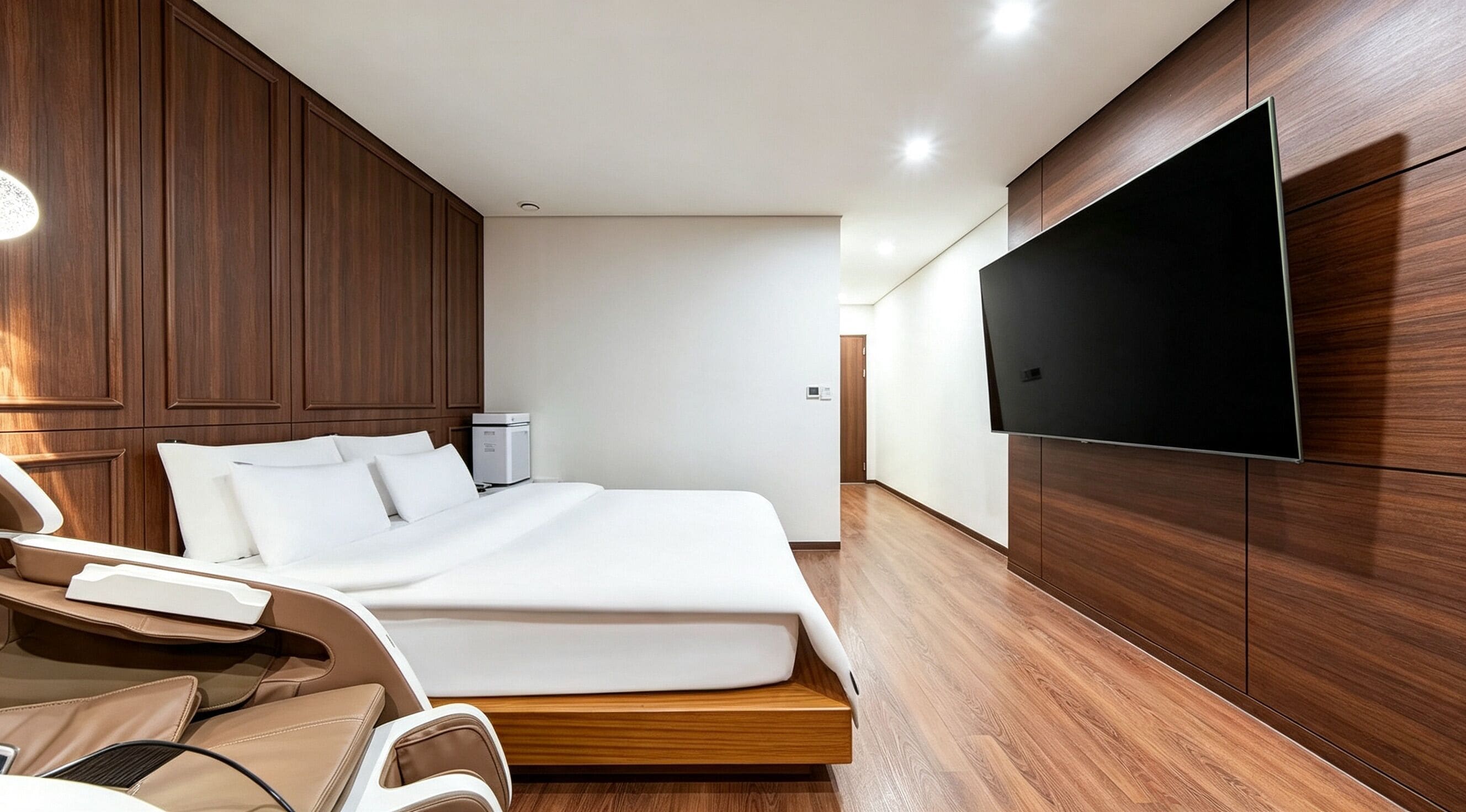 A modern hotel room with a large bed, a flat-screen TV mounted on the wall, and a wooden floor.