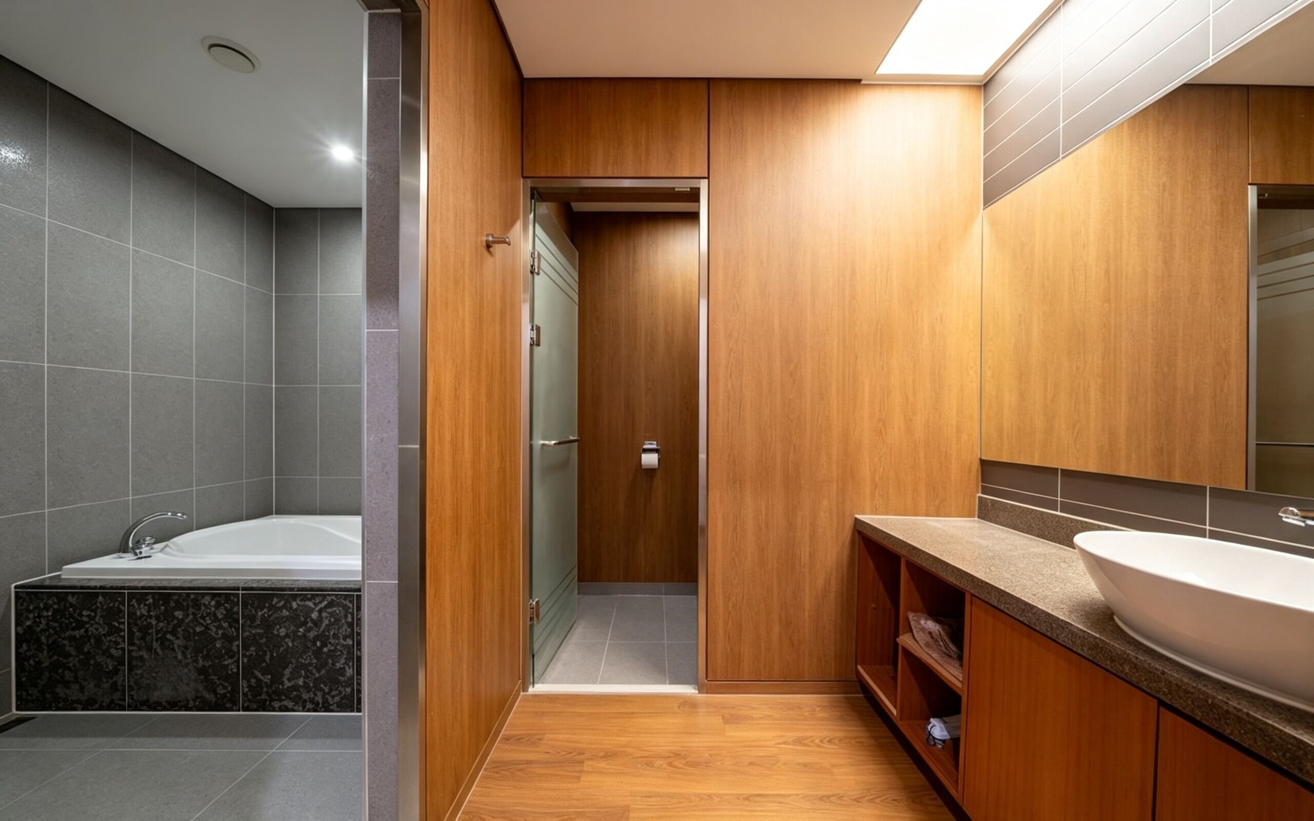 A modern bathroom with a bathtub, a sink, and a shower.