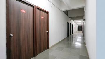 A corridor with two wooden doors labeled 201 and 202, leading to rooms.
